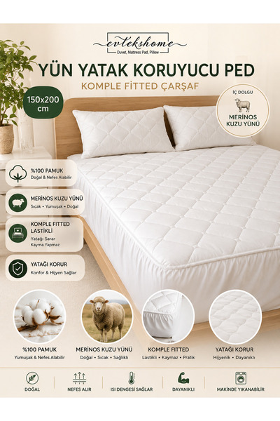EVTEKSHOME 150x200 Yün Yatak Koruyucu Ped