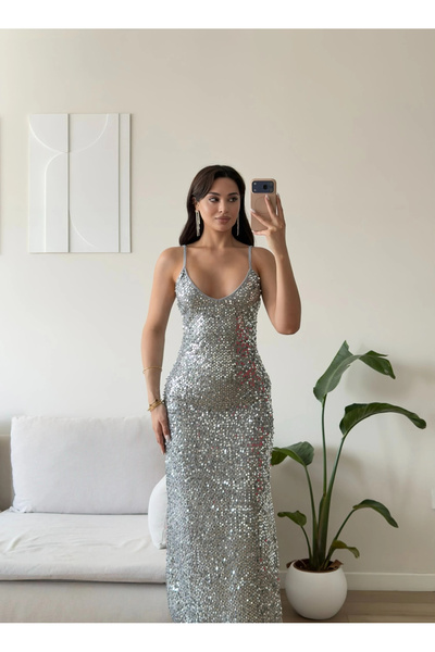Zoom Butik Pul Payetli Askılı Elbise - GÜMÜŞ