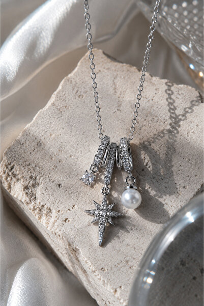 Sylvera Shop Polar Star & Pearl Charm Steel Necklace (Silver Color)