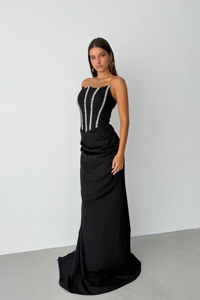Serica Moda Black Strapless Stone Embellished Draped Underwire Long Evening D...