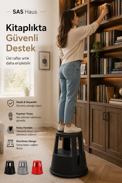 Sas Hausgerate SAS Haus Tekerlekli Kaymaz Basamaklı Tabure – Çift Katlı Devrilmez Güvenli Basamak Taburesi