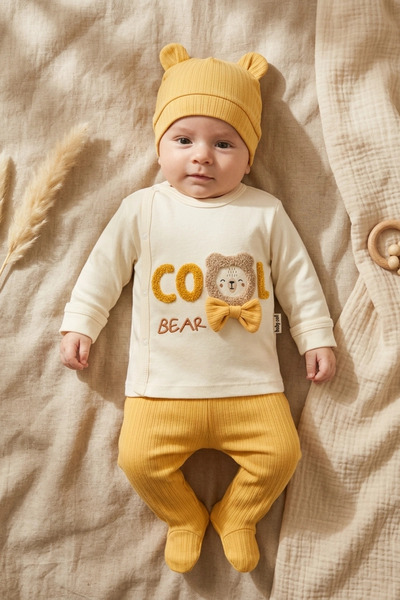 DYZSTAR Embroidered Ribbed Baby Set - Ecru and Yellow Colors 100% Cotton 3-Pi...