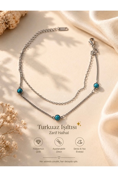 Aleda Steel Silver Turquoise Stone Detailed Anklet