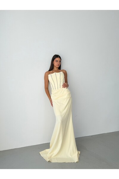 Serica Moda Yellow Strapless Stone Embellished Draped Underwire Long Evening Dress