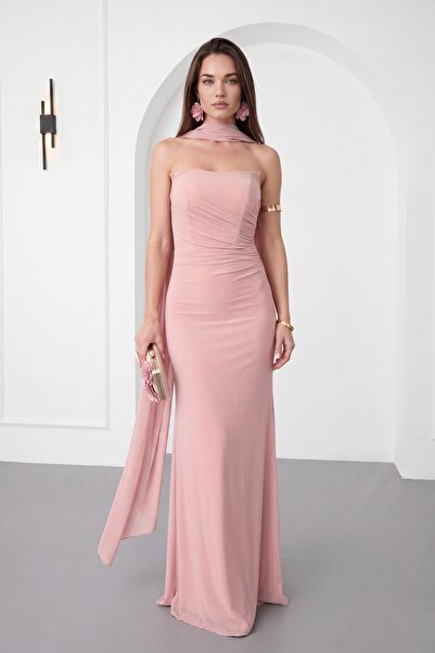 Lafaba Women's Powder Strapless Collar Drape Detail Long Evening Dress with S...
