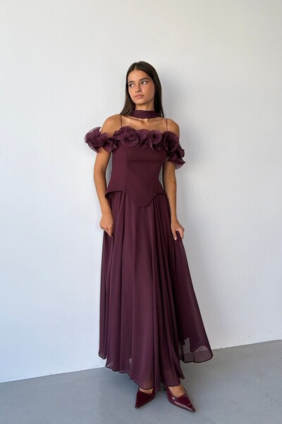 Serica Moda Burgundy Thin Strap Collar Flounce Pleated Evening Dress