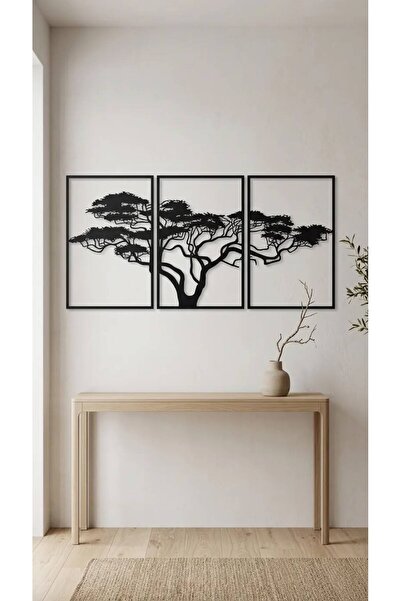 3D Baskı Siyah Duvar Dekoru 3 Parçalı Hayat Ağacı Tablo Modern Salon Duvar Süsü (51x25 cm)