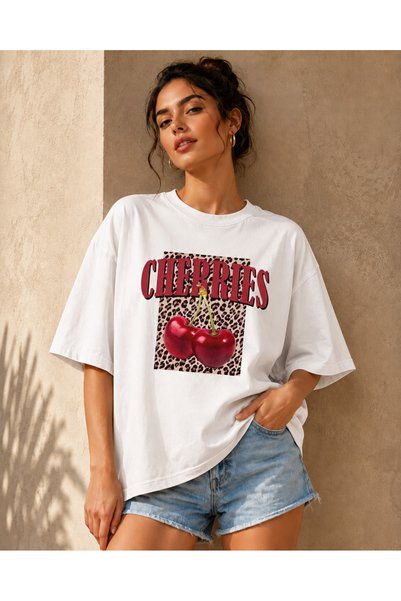 fingerjewerly Women's Cherries Leopard Printed Oversize T-Shirt Unisex 80% Cotton Boxy Fit Streetwear T-Shirt Thick Textured