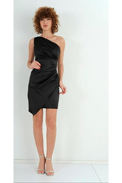 Hazel Women's Black One-Shoulder Draped Detailed Asymmetrical Double-Breasted...