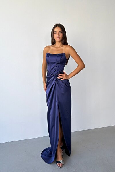 Serica Moda Navy Blue Strapless Waist Knotted Underwire Slit Long Evening Dress