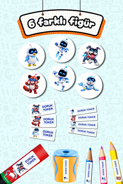 Sticker Ekspres Okul Etiketi Astro Bot Kalem Defter Etiketi Özel İsim Yazılabilen Etiket 245 Adet İsim Etiketi