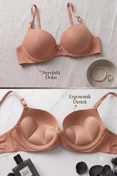 Lavint Homewear Ten Rengi Ultra Push-Up Çizgili Destekli Balenli Slikonlu Sütyen