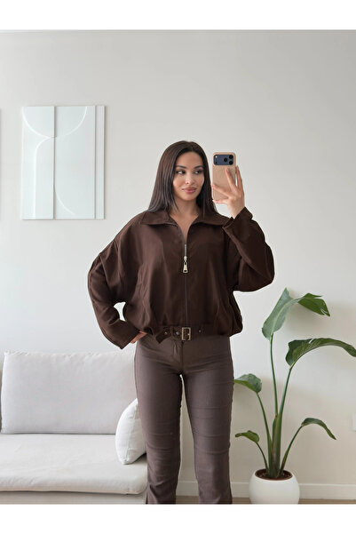 Zoom Butik Kemerli Süet Bomber Ceket - KAHVE