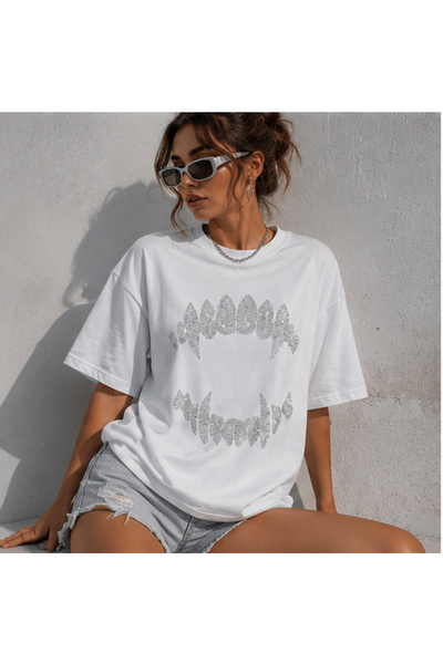 fingerjewerly Unisex Teeth Vampir Stoneless Printed Oversize T-Shirt Unisex 8...
