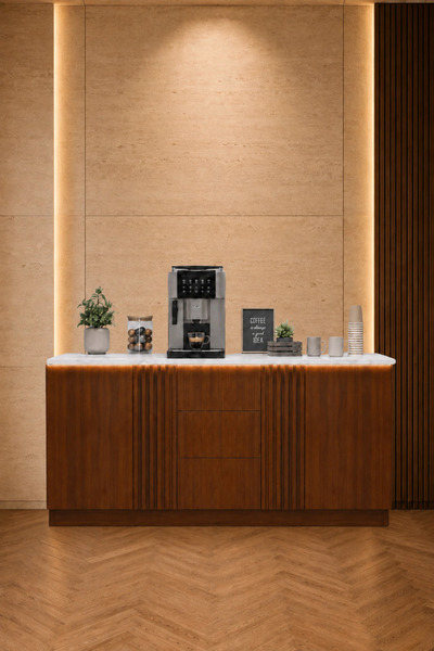coffee world Modern Lighted Coffee Corner with White Wood Grain Surface