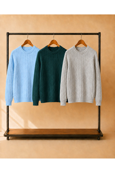 OTAKU 3-Pack Men's Ribbed Crew Neck Winter Knit Sweater