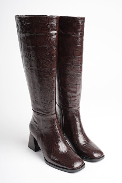 Griffa Shoes Women's Bitter Brown Crocodile Print Thick Heeled Boots
