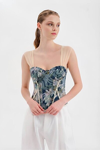 tw3 Women's Jacquard Fabric Corset with Padded Chest and Lace-Up Back Design