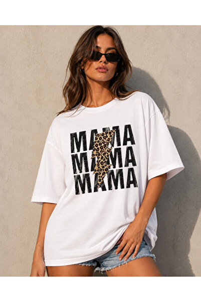 fingerjewerly Women's Mom Mama Leopard Patterned Lightning Printed Oversize T...