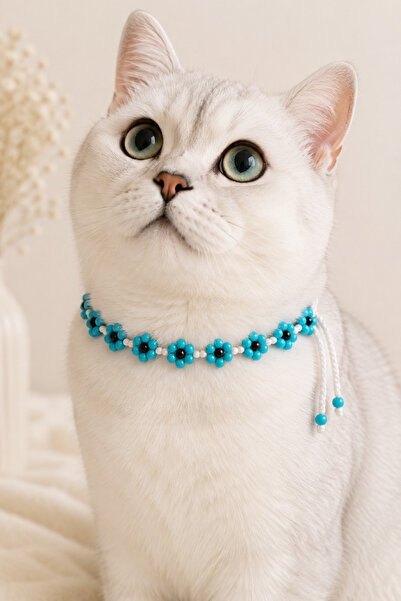 NEHOLİA Handmade Beaded Cat Neck Accessory Turquoise Floral Black Bead Detail...