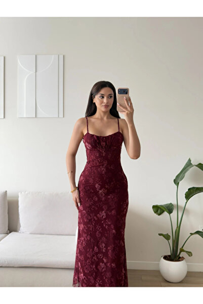 Zoom Butik Çiçek Desen Sırt Bağcıklı Elbise - BORDO