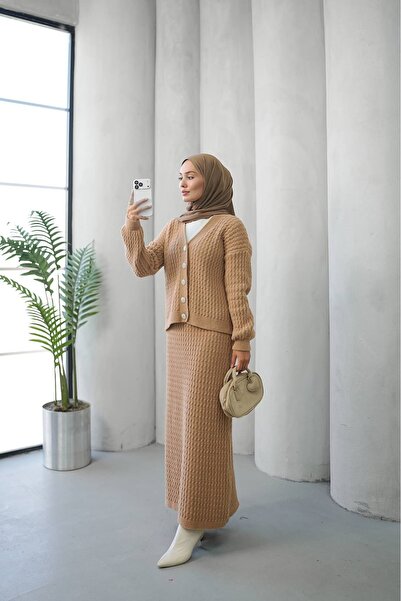 ankanoor Button Detailed Felt Knitwear Cardigan Skirt Set Anka261041