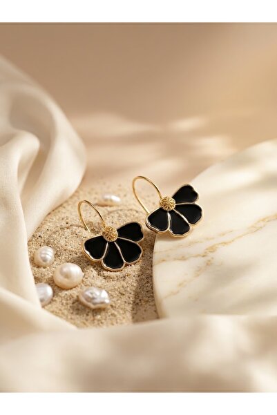 Nuveria Black and White Flower Figured Gold Clip Earrings |   Elegant Women's...