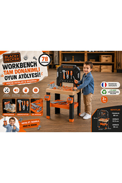 Cici Oyuncak Black+Decker Çocuk Tamir Tezgahı 78 Parça Aksesuarlı Oyuncak Çal...