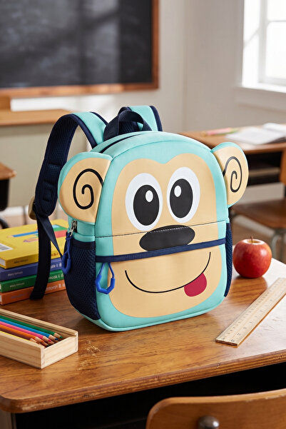 byhakan Vb Monkey Figured Children's Kindergarten Bag Nursery Bag Turquoise