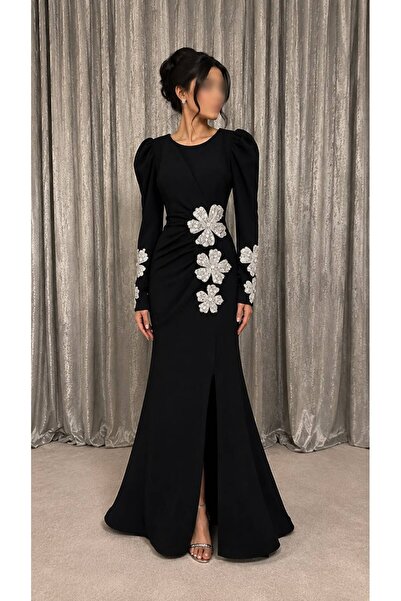 ELORA FASHION فستان سهرة أسود مزين بالورود الكريستالية ✨