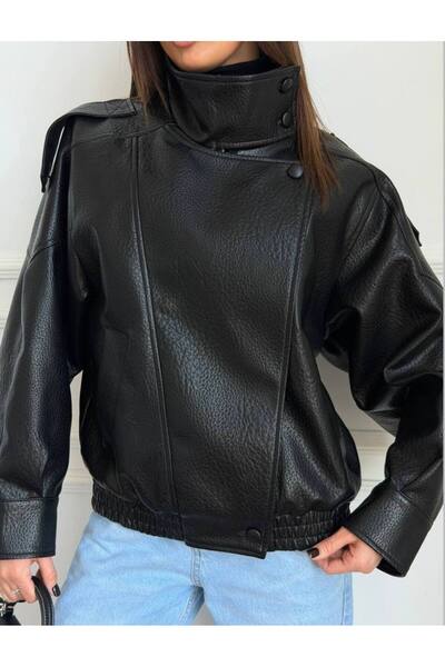 Helen Goods New Season Women's Zra Oversize Stand Collar Leather Jacket