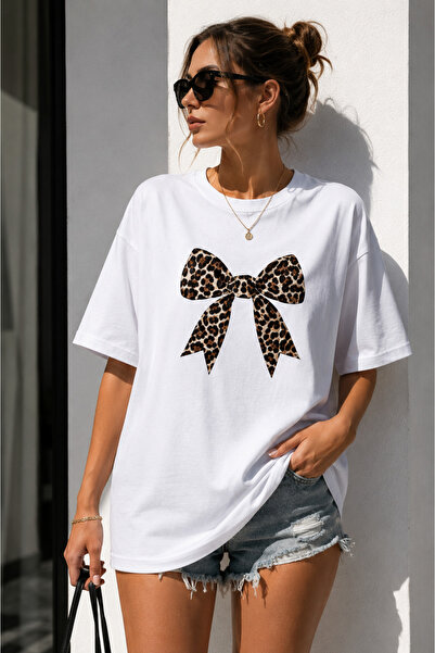 fingerjewerly Women's Leopard Ribbon Printed Oversize T-Shirt Unisex 80% Cott...