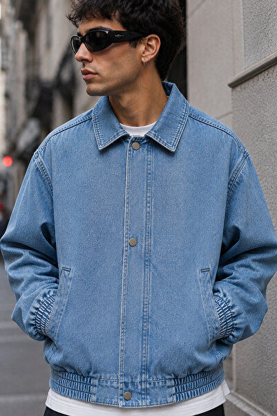 Montivo Men's Blue Oversize Bomber Jean Jacket with Rubber Detailing