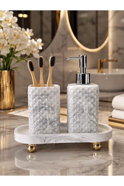 lufen deco Marble Patterned 4-Piece Bathroom Set, Toothbrush Holder, Liquid Soap Dispenser, Towel Holder, Standing Presentation Tray