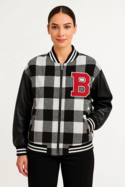 VELİZADE Black Plaid Patterned Winter Cold-Resistant Oversized Bomber College...