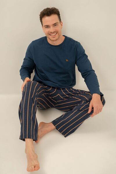 Arnetta Men's Dark Indigo Long Sleeve Striped Pajama Set (with Socks as a Gift)