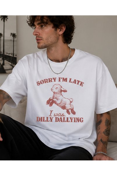 fingerjewerly Unisex Sorry I'M Late Lamb Print Oversize T-Shirt Unisex 80% Cotton Boxy Fit Streetwear T-Shirt Thick Textured