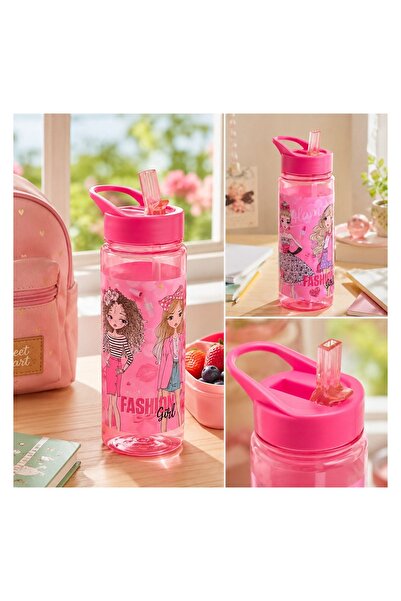 OEM Sticlă de apă Flip Top din Plastic Roz Fashion Girl 650 ml pentru copii