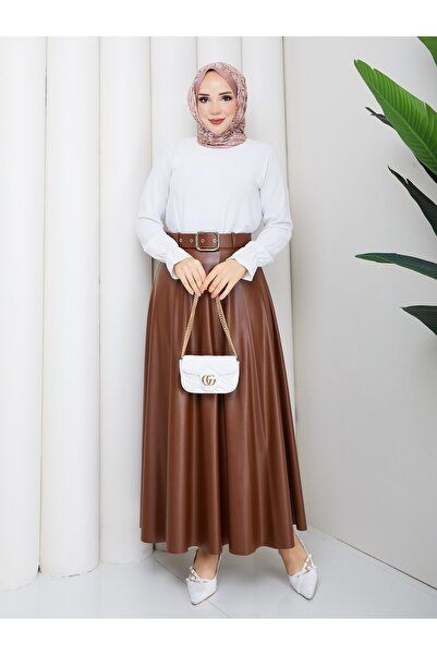 moda periy KEMERLİ DERİ ETEK KAHVE