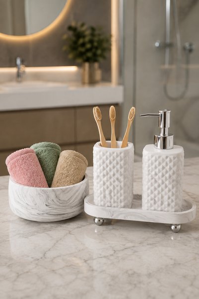 lufen deco Marble Patterned 4-Piece Bathroom Set, Toothbrush Holder, Liquid Soap Dispenser, Towel Holder, Standing Presentation Tray