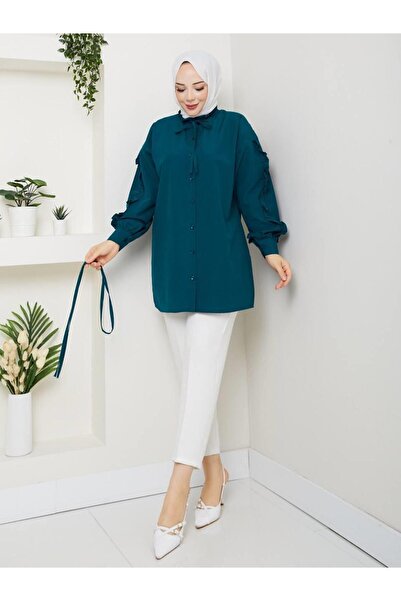 moda periy SEDA KOLU FIRFIRLI TUNİK PETROL