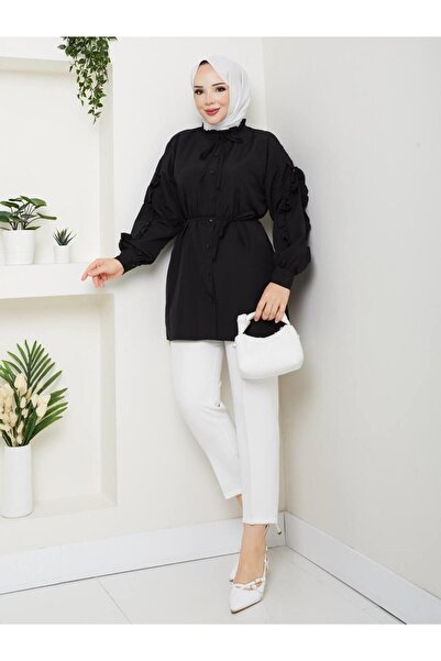 moda periy SEDA KOLU FIRFIRLI TUNİK SİYAH