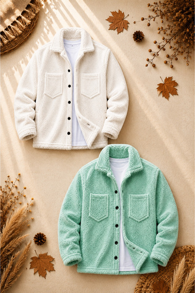 legends butik 2 Pieces Unisex Plush Jacket Set Winter Thick Textured Buttoned...