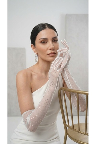 Mortex White Stone Embellished Tulle Long Women's Gloves – Wedding Dress, Bri...
