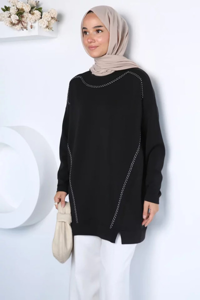 TOZLU Crew Neck Hijab Tunic with Stitching Detail