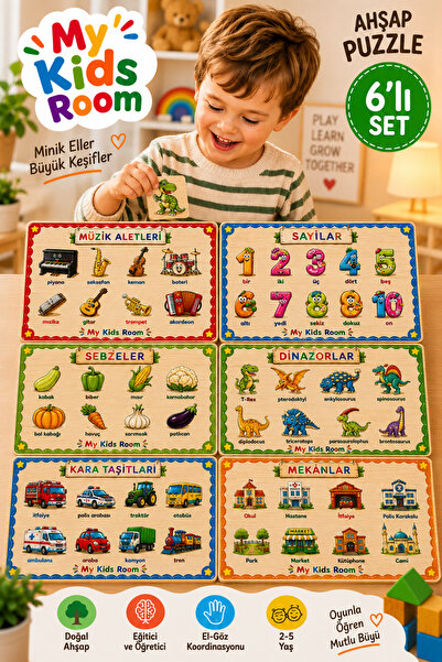 My Kids Room 6'lı Ahşap Puzzle Seti Eğitici Öğretici Bul Tak Yapboz Müzik Ale...
