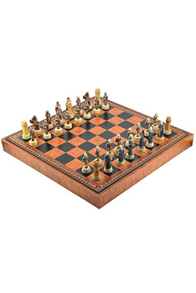 İTALFAMA Set de șah de lux 3 în 1 (Romani vs Arabi) pictat manual - Piele 48cm