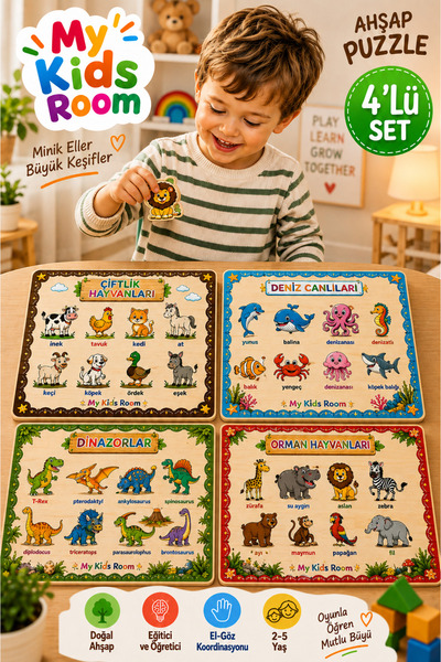 My Kids Room 4'lü Ahşap Puzzle Seti Eğitici Öğretici Bul Tak Yapboz Çiftlik H...
