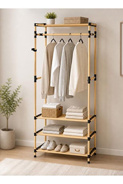 Cady One Wooden Clothes Organizer with Storage Shelves and Coat Rack,3-Tier G...