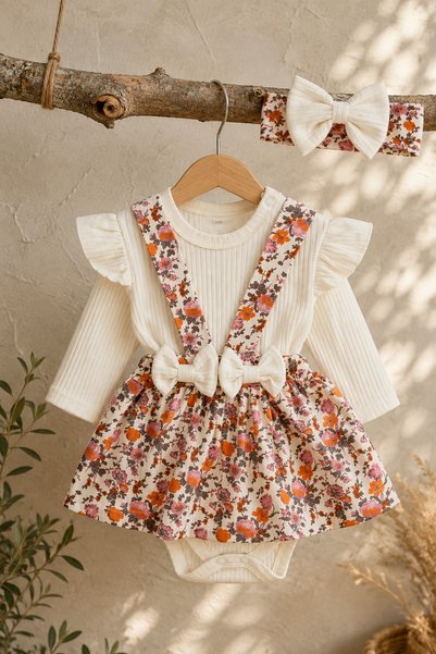 METEOR BABY Baby Girl Set Floral Patterned 3-Piece Set with Bow Detail and Bandana Strap Skirt